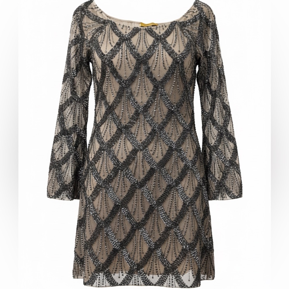 FARAHKHAN XS Embellished Black Beaded Overlay Dress - Luxury
